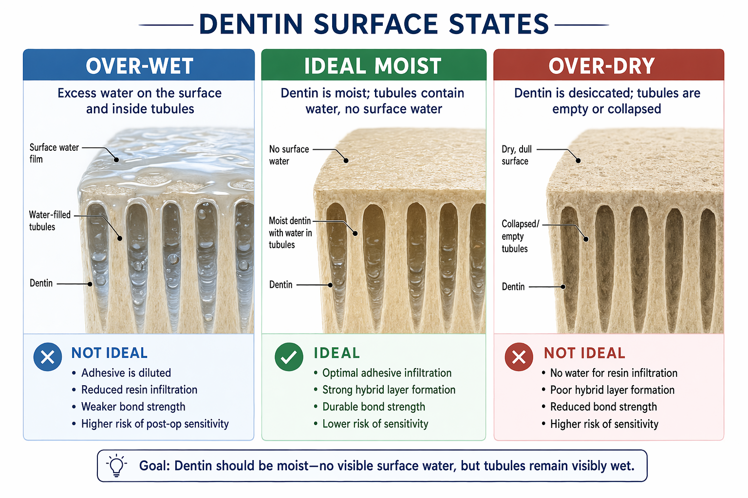diagram comparing over-wet, ideally moist, and over-dried dentin surface before cementation
