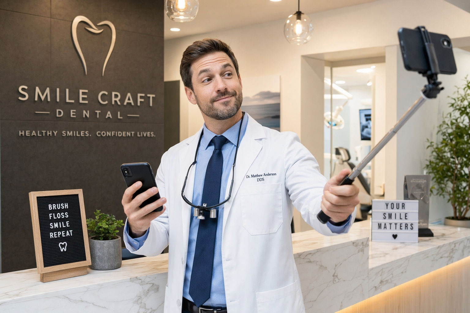dentist posing with selfie stick in front of dental chair