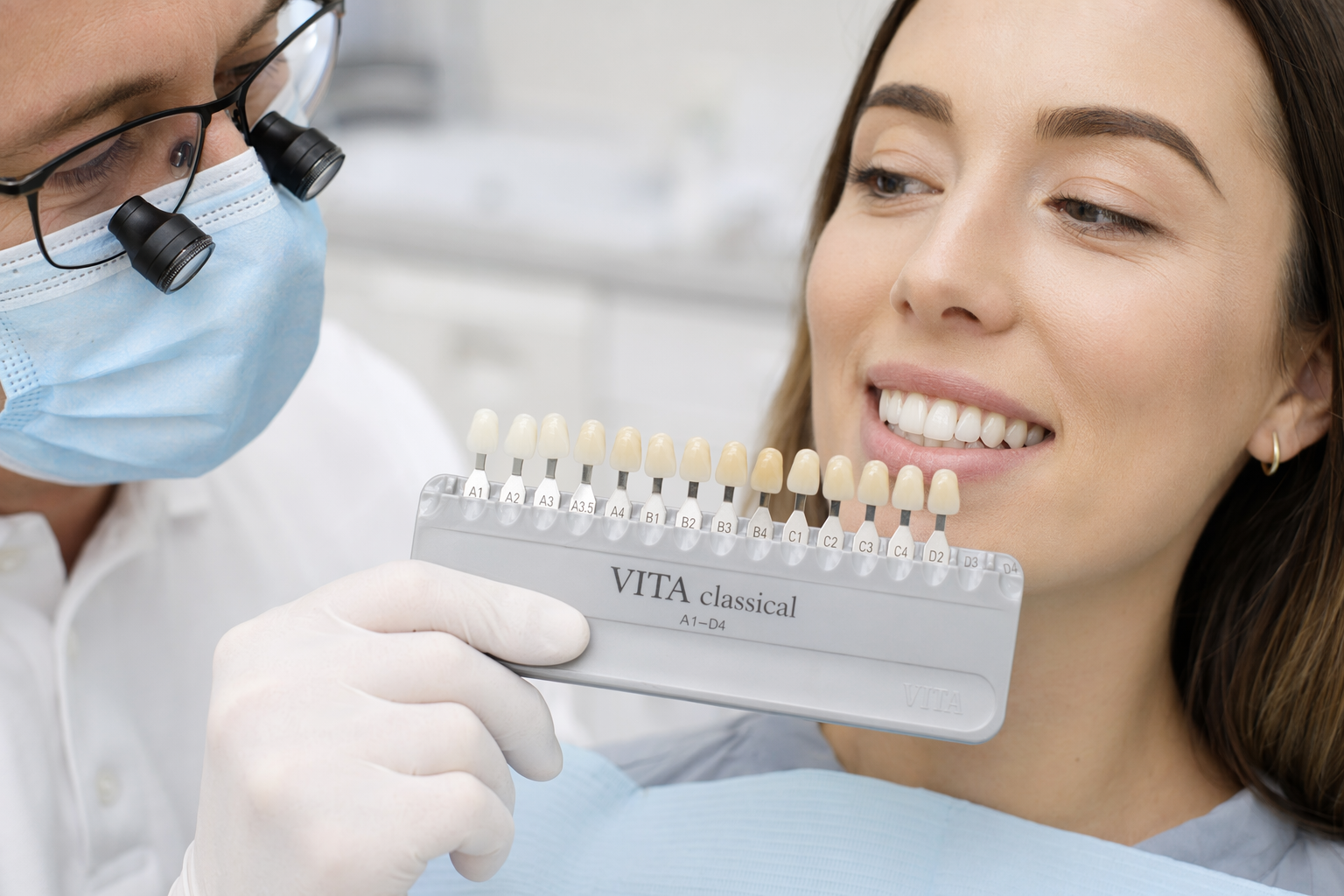 dentist comparing shade guide tab to natural tooth before treatment begins