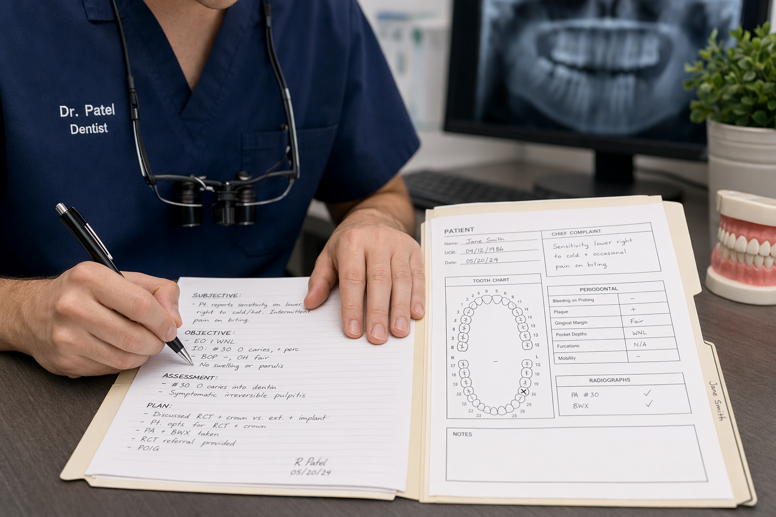 dentist carefully documenting a patient encounter in written clinical records