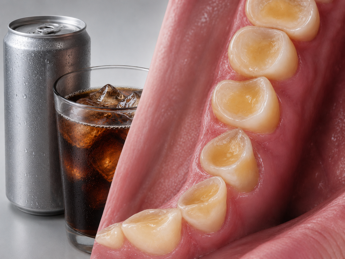 povrch erodovaného stoličkového zubu umístěný vedle plechovky energetického nápoje a sklenice s colou ilustrující srovnání zubní eroze