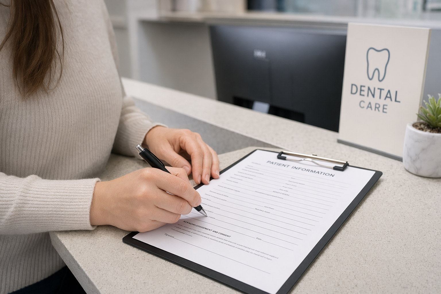 patient signing a consent form at a dental clinic reception