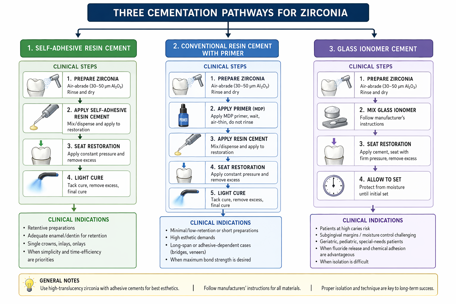 vývojový diagram porovnávající tři typy cementů pro zirkonové korunky s klinickými rozhodovacími kritérii