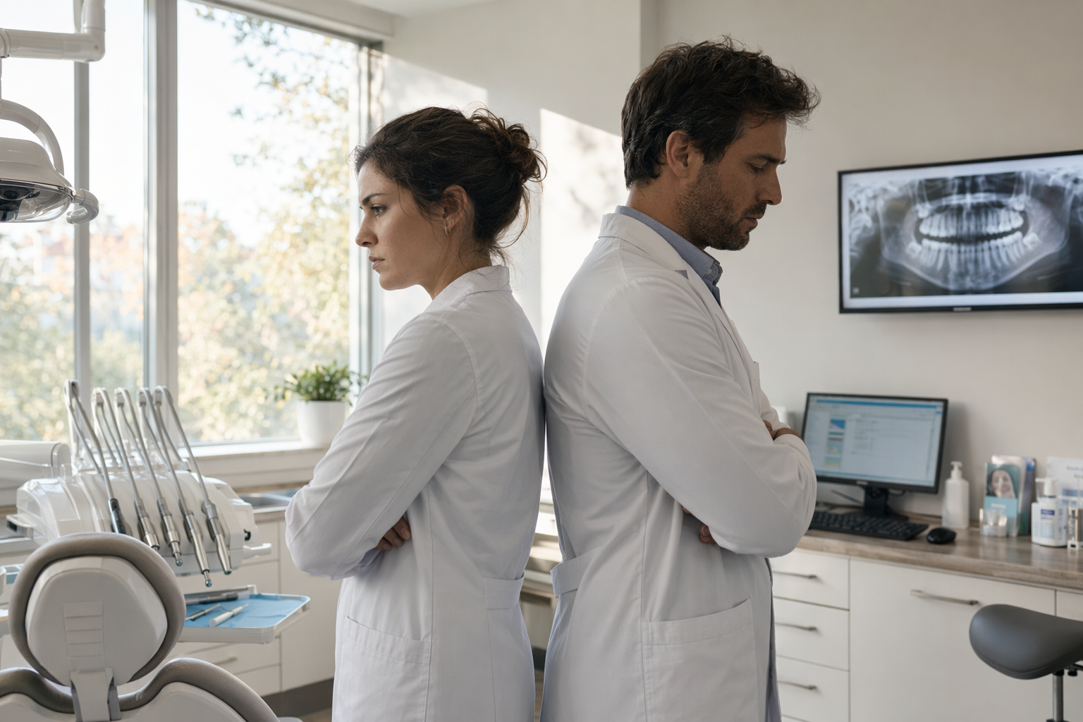 dentist and assistant in a dental office with visible tension between them