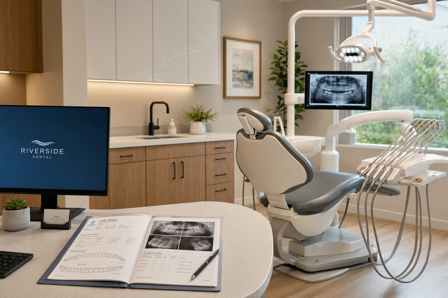 dentist reviewing patient documentation at a modern dental chair