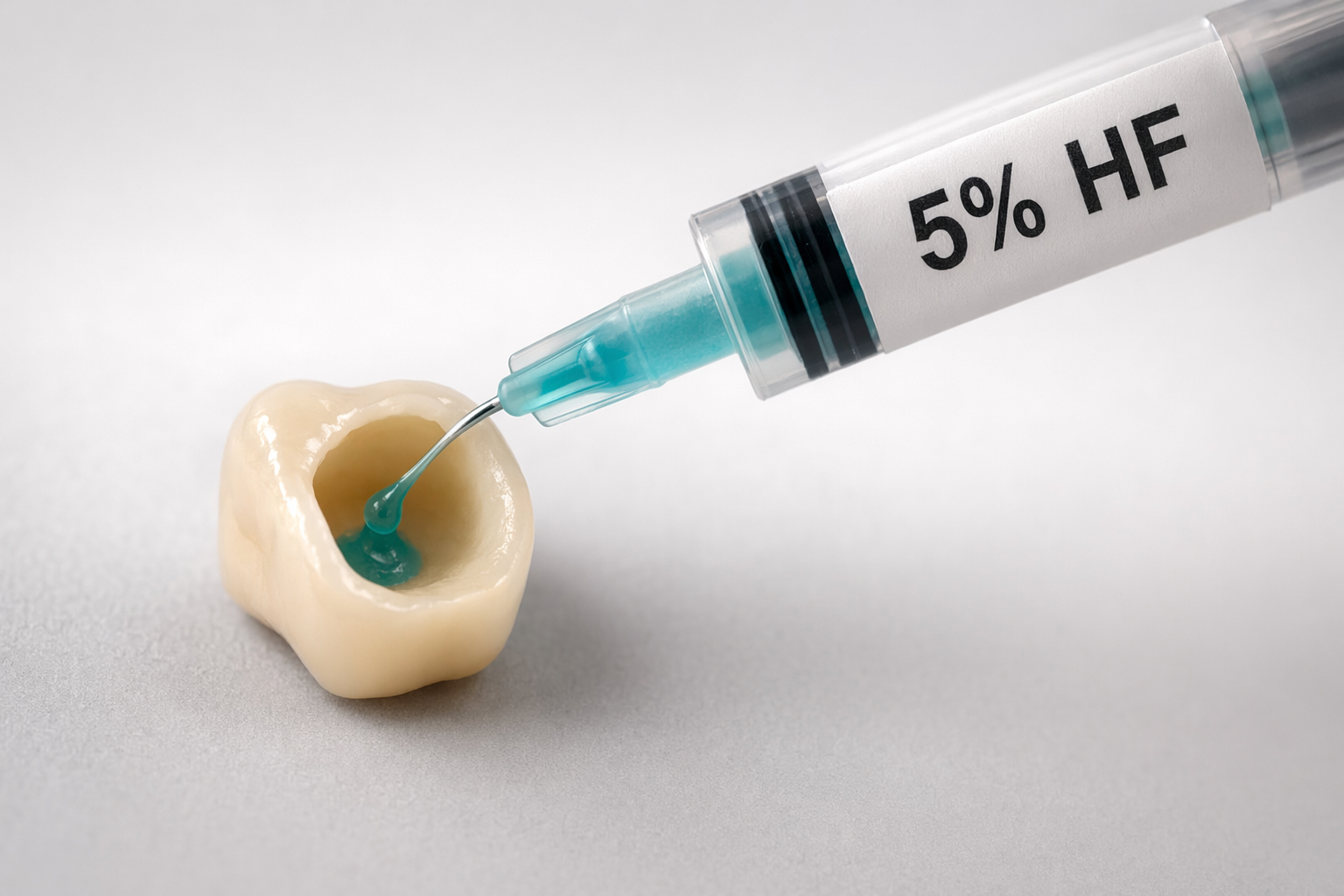 dental technician applying hydrofluoric acid etching gel to the inner surface of a lithium disilicate ceramic crown