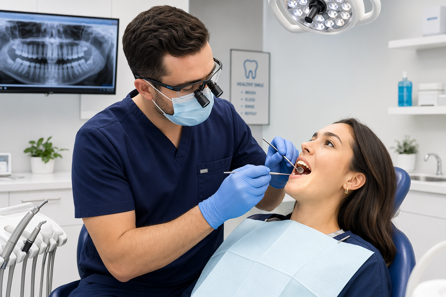 zubní lékař provádí preventivní prohlídku pacienta v moderní zubní ordinaci