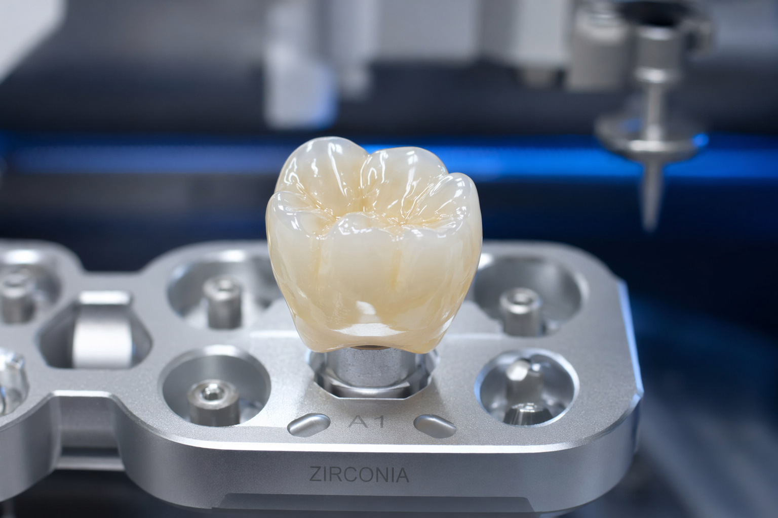 translucent zirconia crown freshly milled and ready for sintering in a high-tech dental laboratory