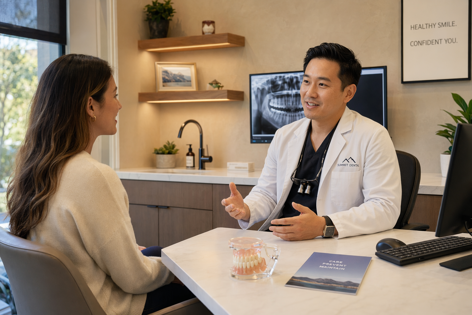 dentist and patient having a serious but calm conversation in a dental practice