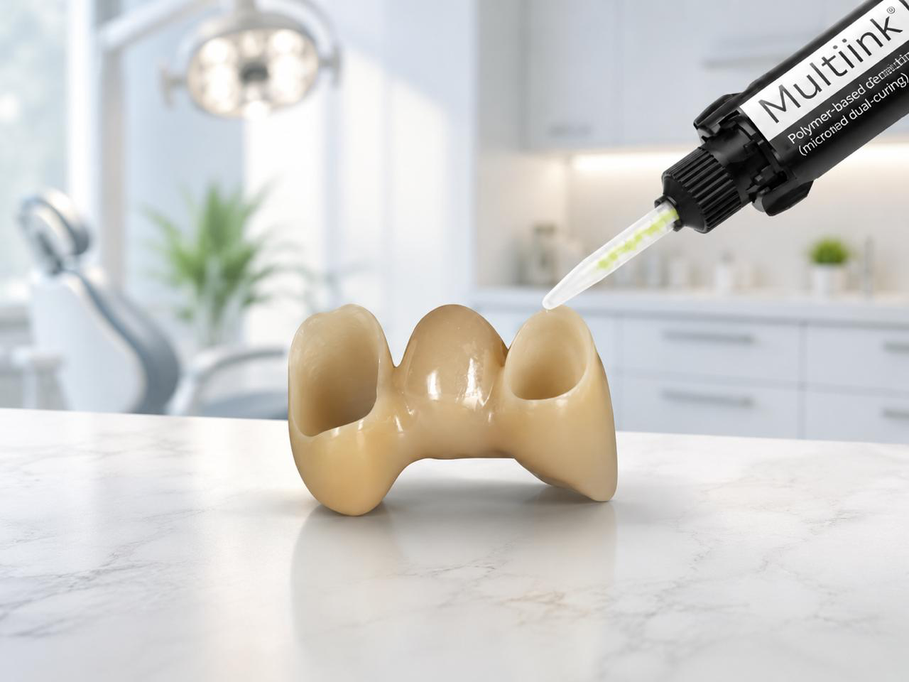Ivoclar Multilink resin cement syringe dispensing luting material onto a ceramic bridge restoration, white background