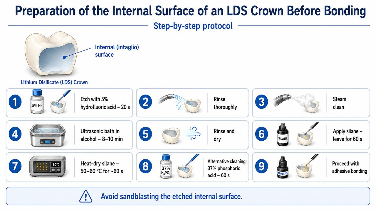 step-by-step infographic of lithium disilicate ceramic surface treatment protocol before cementation