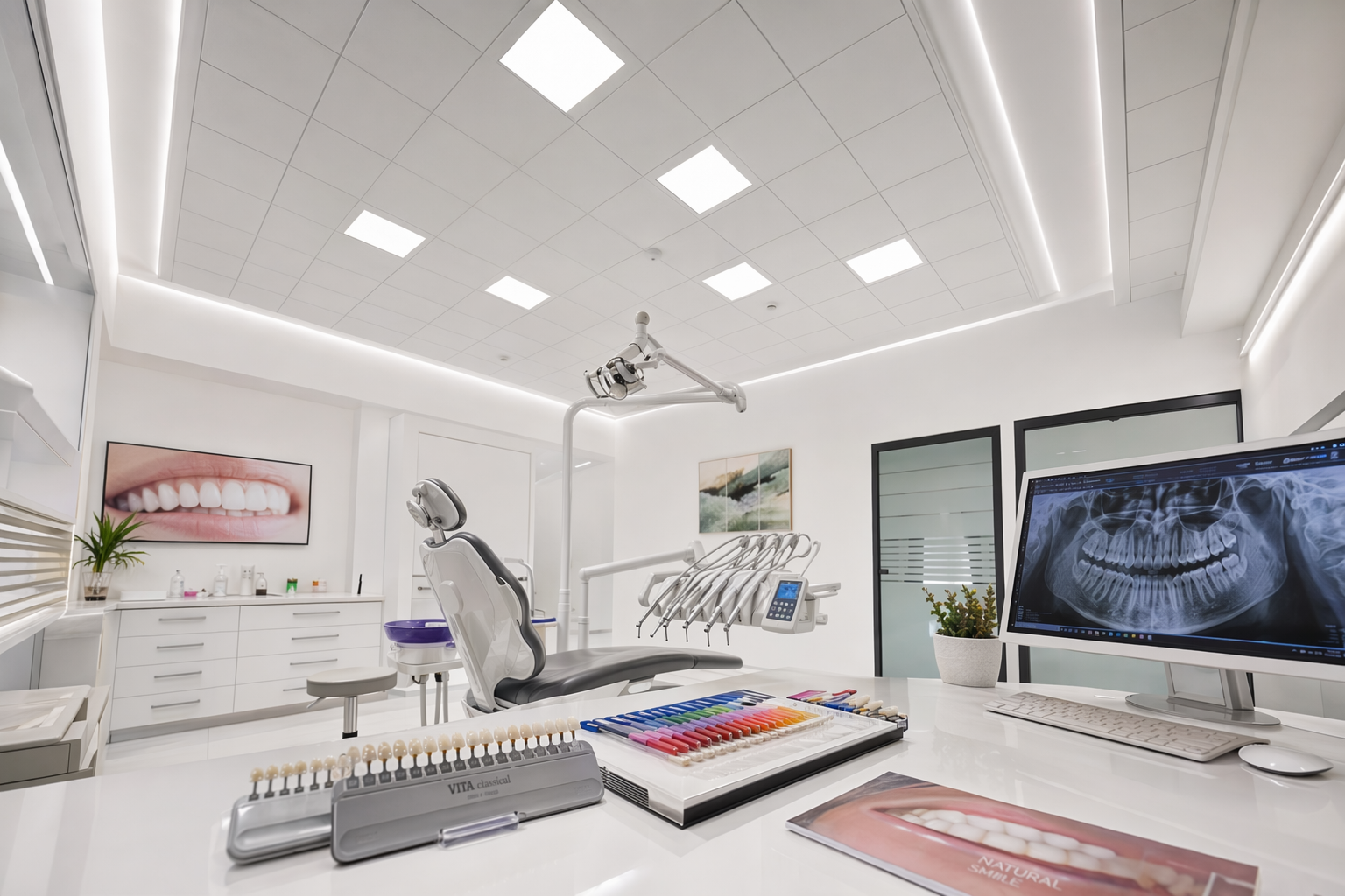 LED panely v zubní ordinaci osvětlující pracovní prostor a barevné vzorníky
