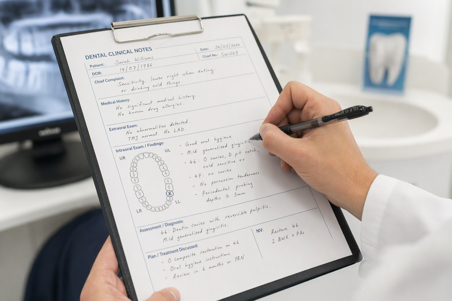 dentista tomando notas detalladas en el historial de un paciente durante una exploración inicial