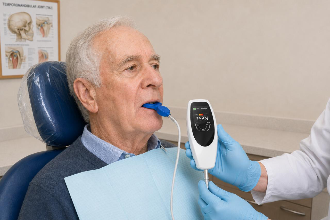 dentist measuring occlusal bite force in an older patient using a digital sensor device