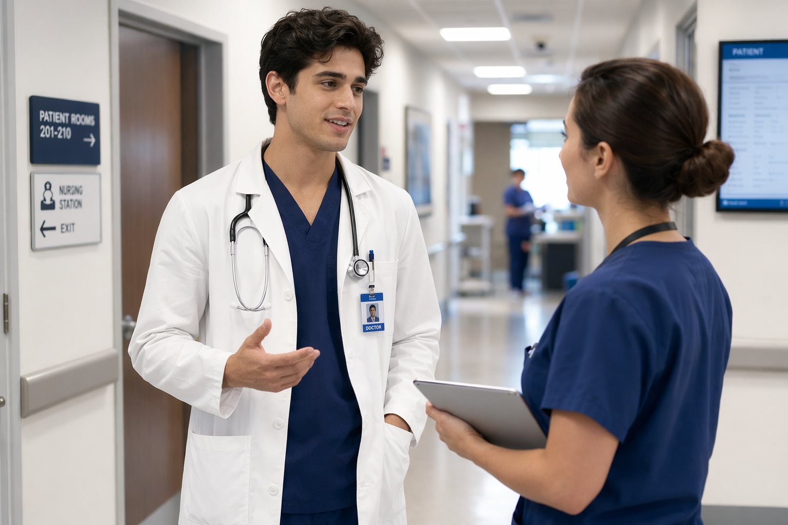young physician in a white coat having a calm, professional conversation with a nurse in a clinical hallway