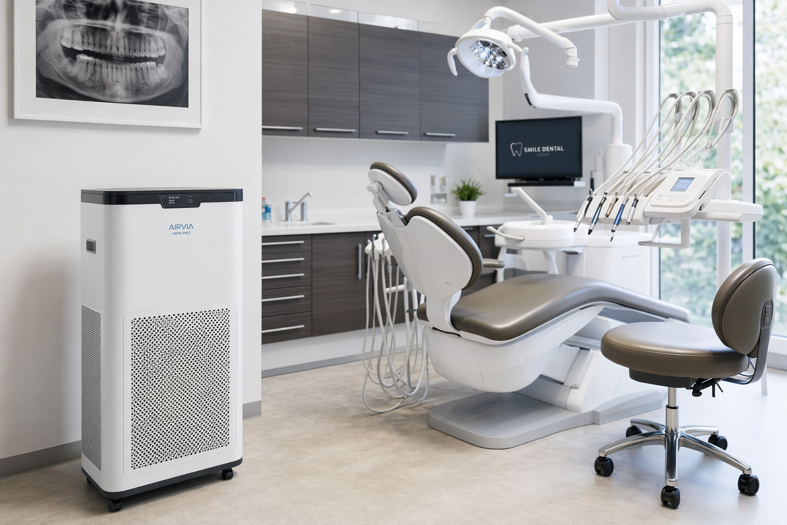 HEPA air purification unit standing next to a dental chair in a clean white operatory
