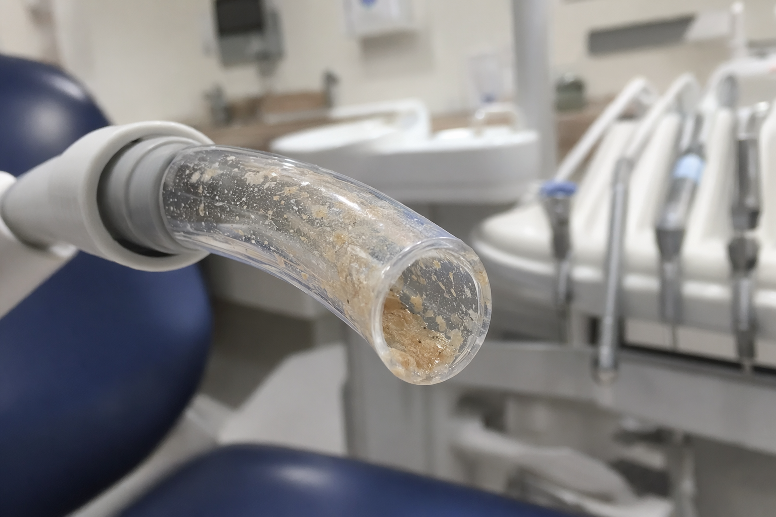 dental suction hose cross-section showing internal biofilm and amalgam deposits