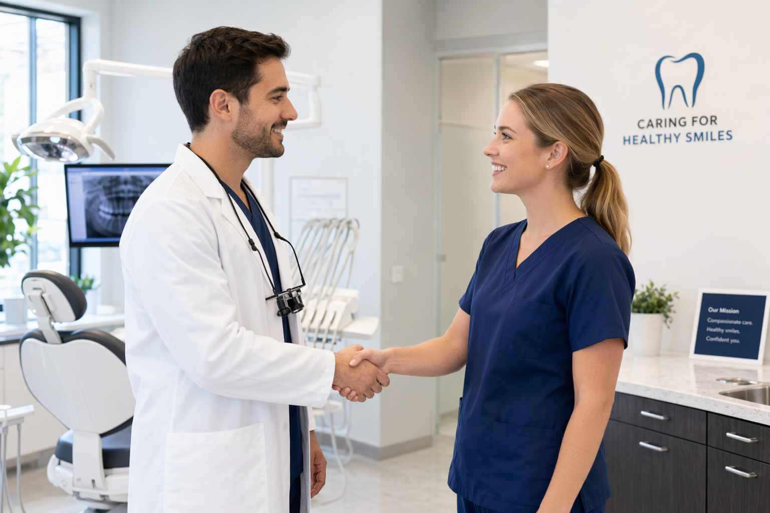 two dentists in white coats shaking hands in a well-lit dental practice