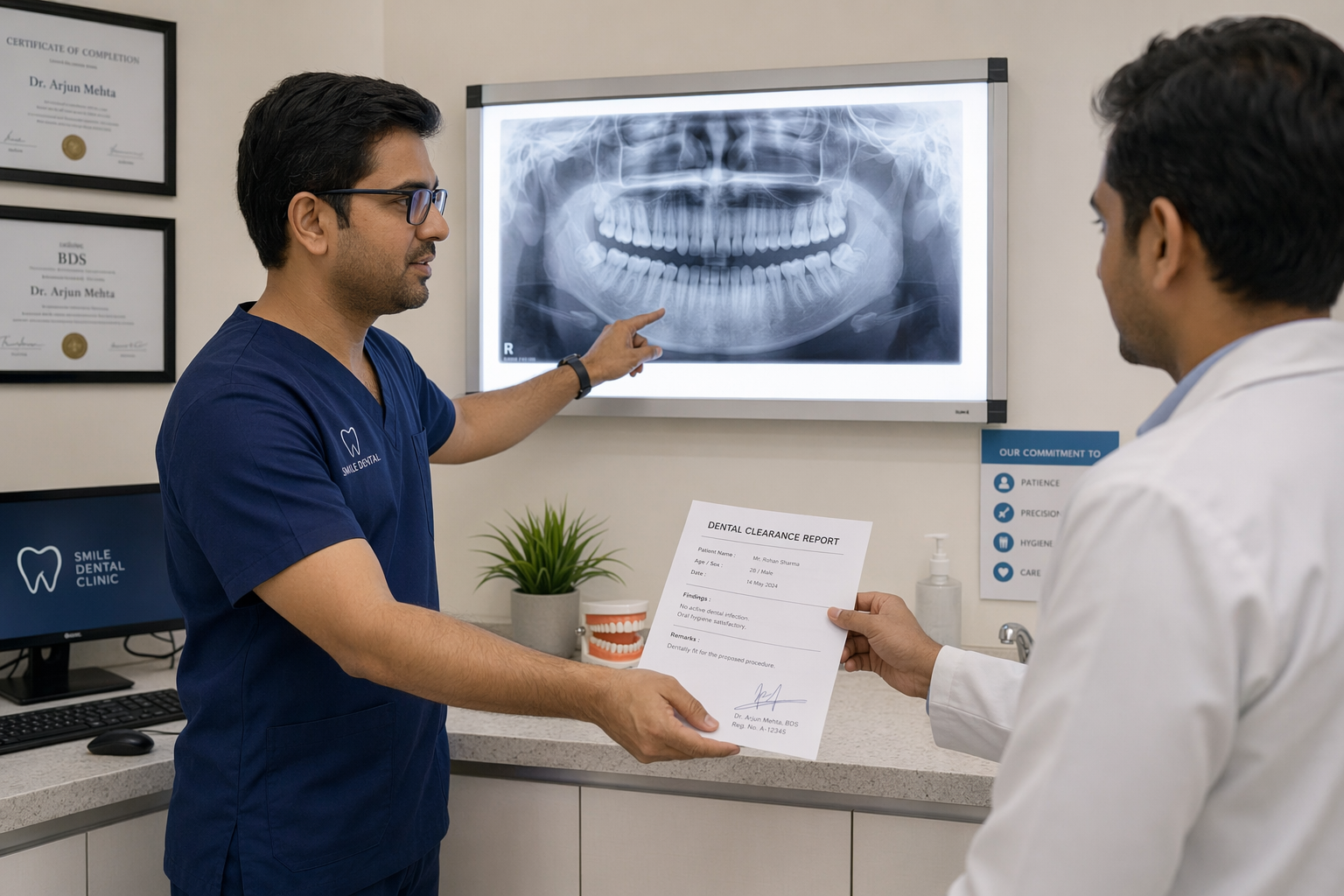 dentist and physician reviewing dental panoramic radiograph together before systemic treatment