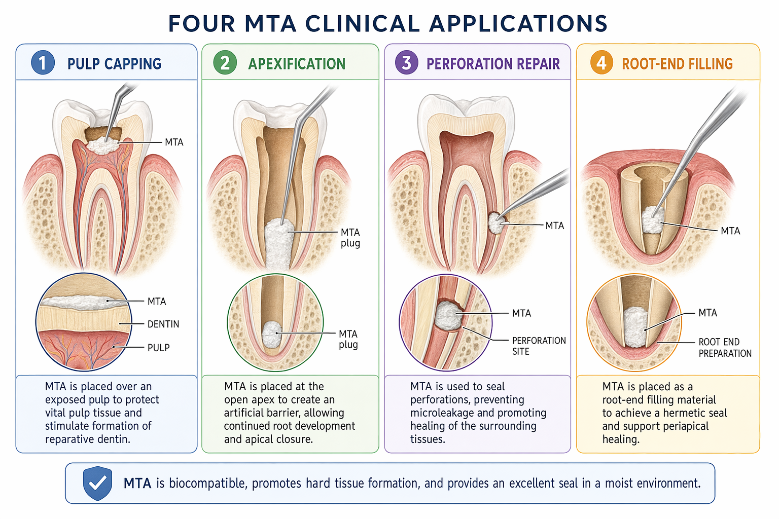 schematic illustration of four main clinical uses of MTA in endodontics
