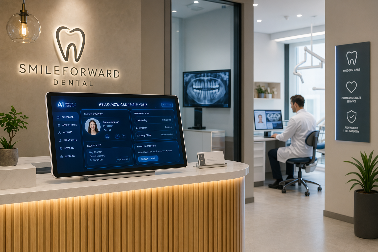 dentist at a reception desk using an AI assistant interface on a tablet